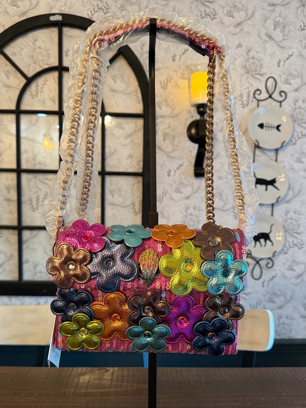 Kurt Geiger Multicolor Floral Applique Shoulder/Crossbody Bag with Dust Bag
